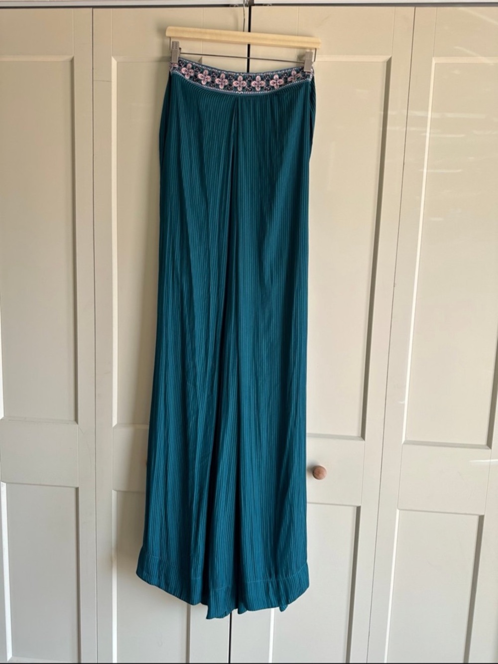 Free People Teal Wide-Leg Pleated Jumpsuit with Embroidered Top